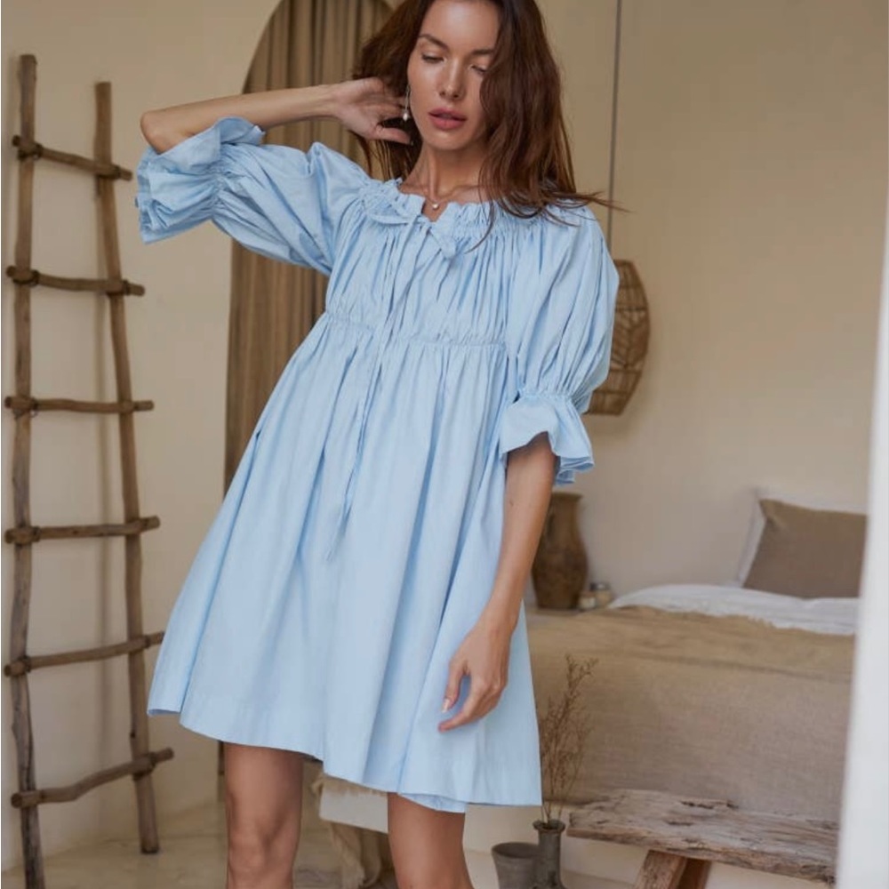 Bali Elf - Off Shoulder Cotton Dress in Soft Blue